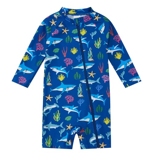 upandfast Baby Toddler Boys Rash Guard Zipper Swimsuit UPF 50+ One Piece Beach Swimwear Bathing Suits (Blue Shark, 12-18 Months) - Image 1