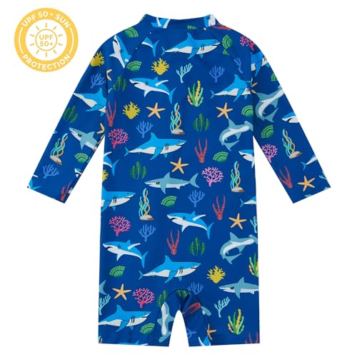 upandfast Baby Toddler Boys Rash Guard Zipper Swimsuit UPF 50+ One Piece Beach Swimwear Bathing Suits (Blue Shark, 12-18 Months) - Image 2