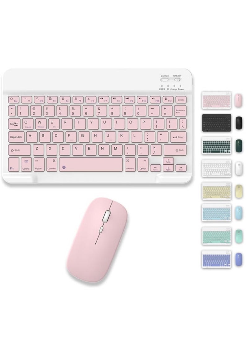 Set of Rechargeable Bluetooth Keyboard and Mouse - Portable Wireless Mouse/Keyboard Set - Android/iOS/Windows - Smart Phone/Tablet/PC - iPhone iPad Pro Air Mini, iPad OS/iOS (PINK) - Image 1