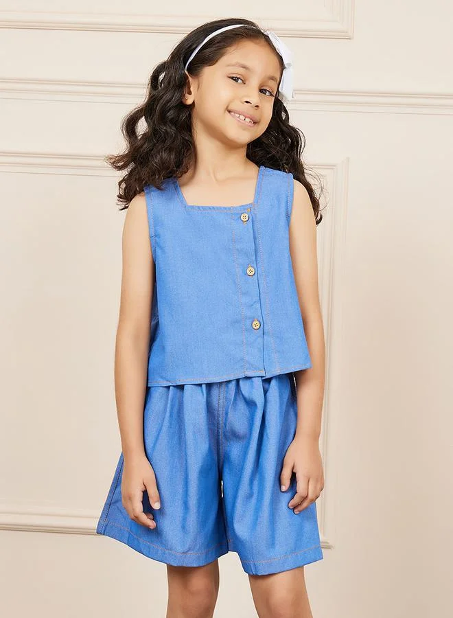 Styli Front Button Closure Denim Top and Pocket Detail Shorts Set