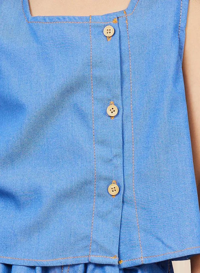Styli Front Button Closure Denim Top and Pocket Detail Shorts Set