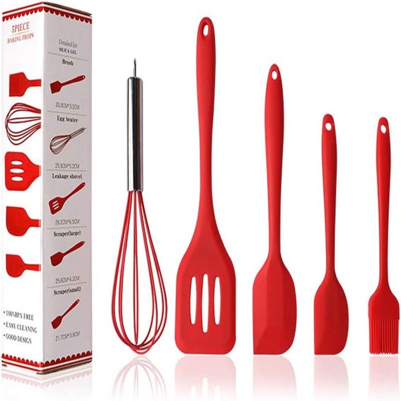 we3 Kitchen Utensil Set 5pcs Heat Resistant Silicone Cooking Nonstick Gadget Cookware with Hanging Hole for Cooking Baking and MixingRed - Image 1
