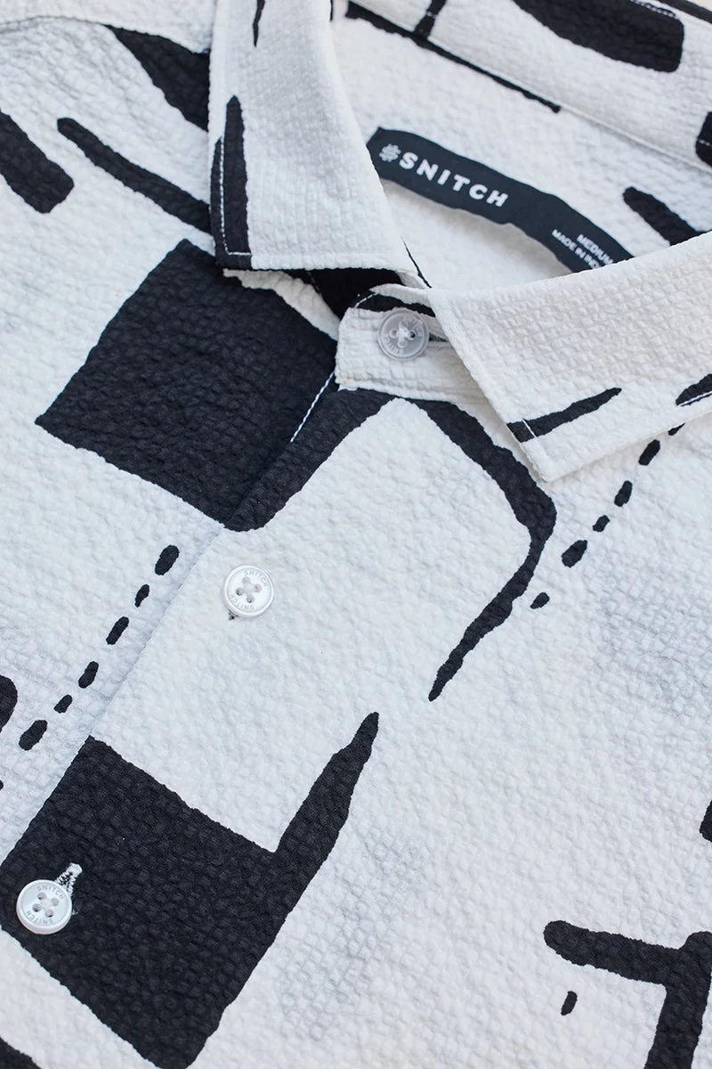 SNITCH White Geometric Long Sleeve Slim Fit Casual Shirt