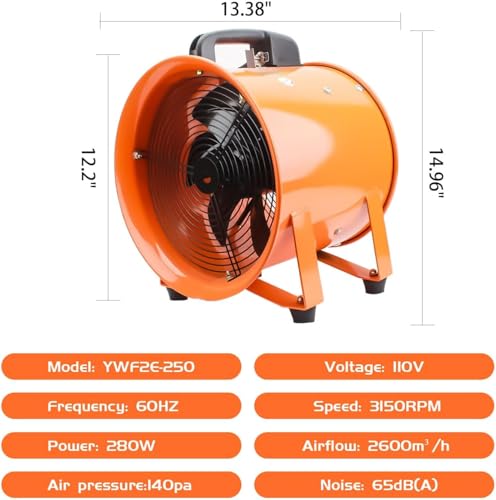 dreamdragon 10-Inch High-Velocity Portable Utility Blower Fan, Industrial Exhaust Fan with 16.4ft Flexible Duct Hose, 3150 RPM Low-Noise Ventilator for Basements, Workshops, Warehouses, and Confined Spaces - Image 3
