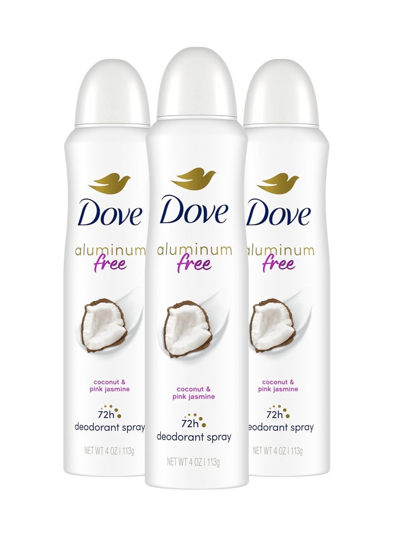 Dove 0 percent Deodorant Spray For 48 Hour Protection Coconut and Pink Jasmine Aluminum Free Deodorant 4 oz 3 Count, White, 4 Ounce (Pack of 3)