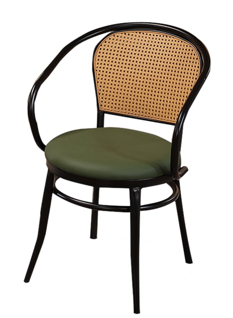 MAPLE HOME DECORATION Maple Home Accent Arm Dining Chair Woven Plastic Rattan Cane Back Leather Padded Seat Black Metal Legs Kitchen Living Indoor Outdoor Patio Furniture  - Image 1