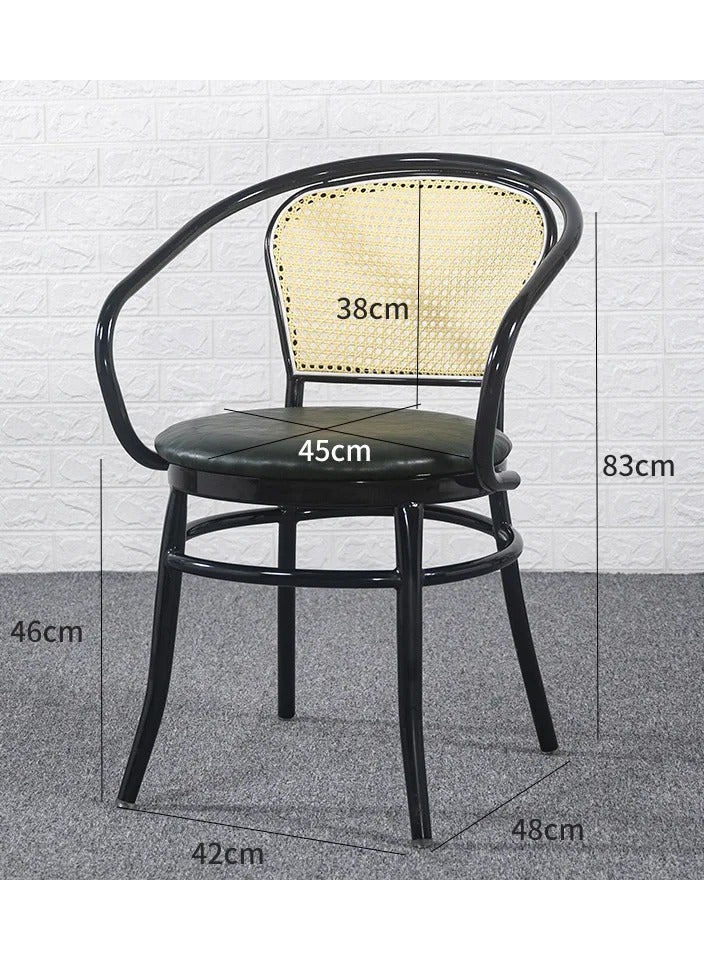 MAPLE HOME DECORATION Maple Home Accent Arm Dining Chair Woven Plastic Rattan Cane Back Leather Padded Seat Black Metal Legs Kitchen Living Indoor Outdoor Patio Furniture  - Image 2