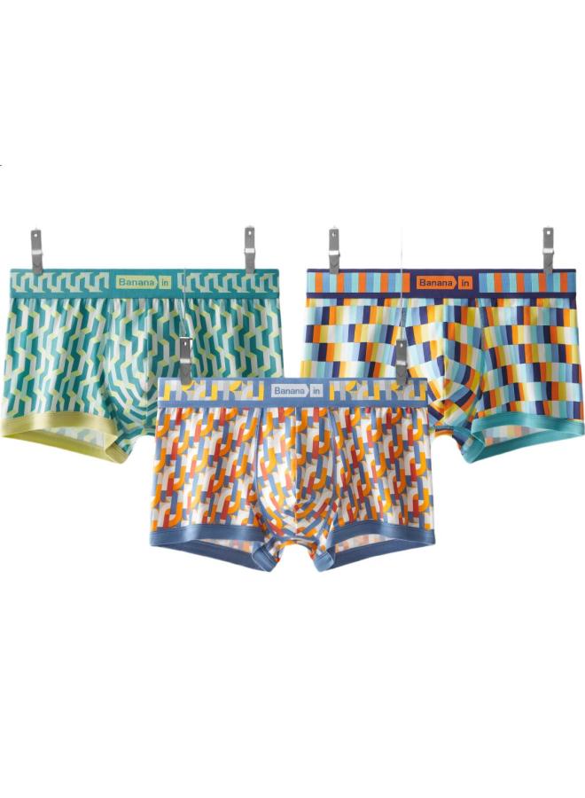 Bananain 501C Men'S Underwear Combed Cotton Geometric Color Block Printed Trendy Men'S Boxer Briefs Antibacterial Breathable Flat Angle Pants 3 Pack - Image 2