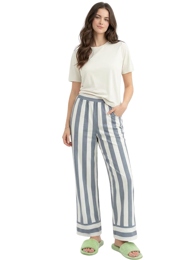 Celary Women’s Cotton Blend Lounge Set | Half Sleeve Relaxed Fit Top with Striped Wide Leg Pants - Image 1