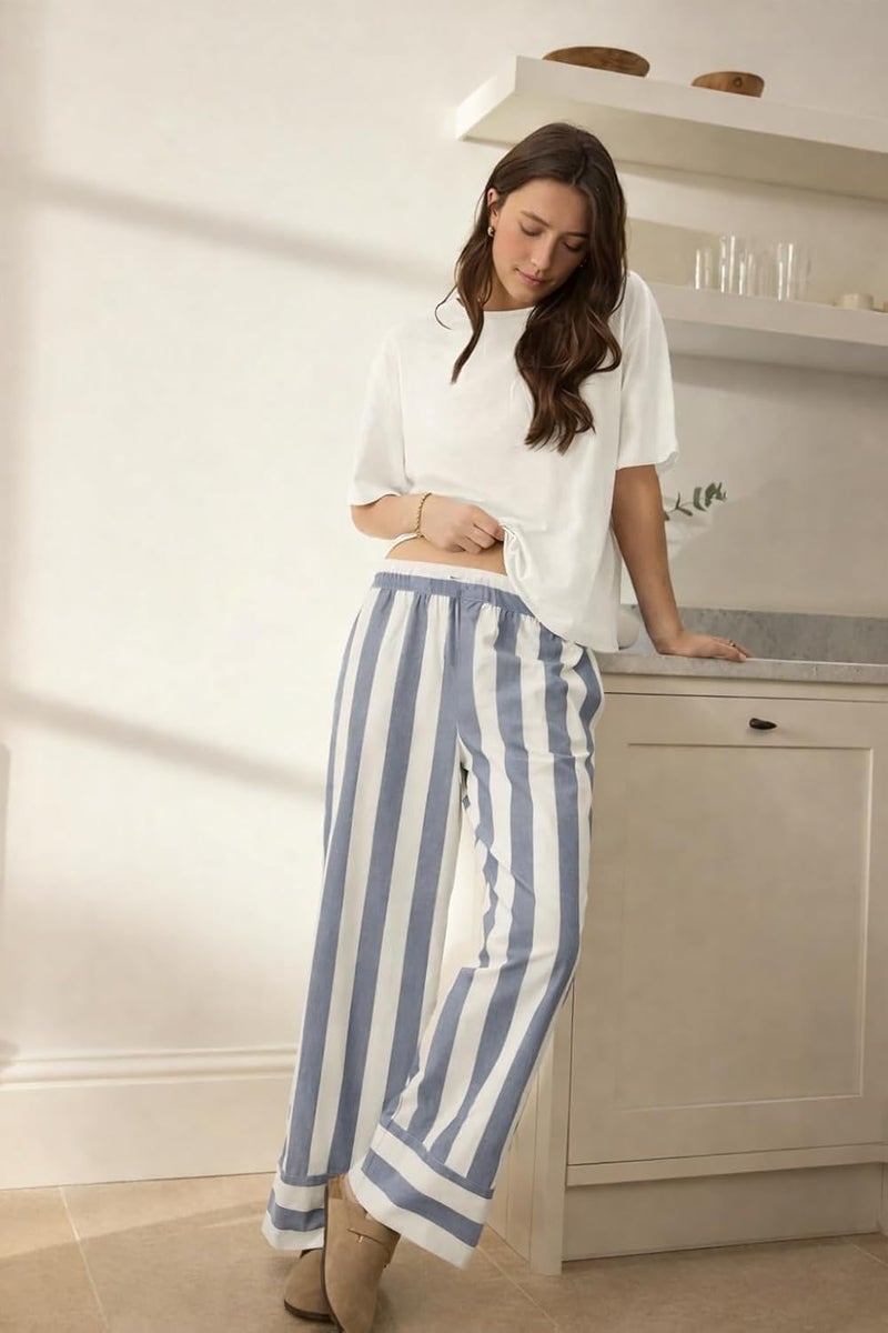 Celary Women’s Cotton Blend Lounge Set | Half Sleeve Relaxed Fit Top with Striped Wide Leg Pants - Image 2