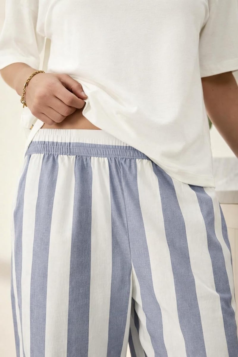 Celary Women’s Cotton Blend Lounge Set | Half Sleeve Relaxed Fit Top with Striped Wide Leg Pants - Image 4