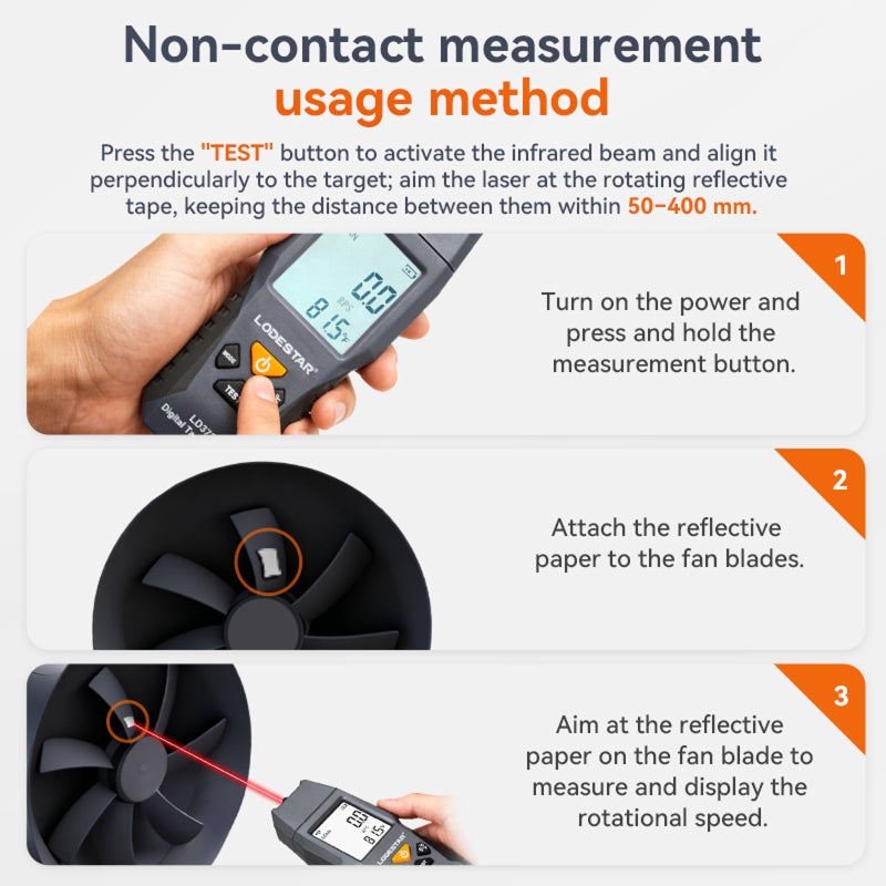 LODESTAR Digital Laser Tachometer: Gray ABS Housing, Non-contact Laser Measurement, 100-30000 RPM Range, 5-digit LCD Display - 0.1 RPM Resolution, Fast Sampling, Handheld RPM Gauge for Motor Fan Rotating Equip - Image 4
