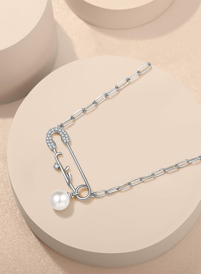 Moonmory Arabic Love Necklace 925 Sterling Silver Safe Pin Love Necklace With 50CM Adjustable Paper Clip Chain For Women  Platinum Plated Arabic Love Pearl Necklace White Clear Zircon Paperclip Chain Ramadan, Mother’s Day, Valentine’s Day,Brithday's Gift  - Image 4