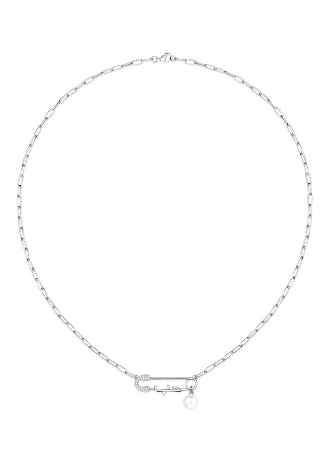 Moonmory Arabic Love Necklace 925 Sterling Silver Safe Pin Love Necklace With 50CM Adjustable Paper Clip Chain For Women  Platinum Plated Arabic Love Pearl Necklace White Clear Zircon Paperclip Chain Ramadan, Mother’s Day, Valentine’s Day,Brithday's Gift  - Image 5