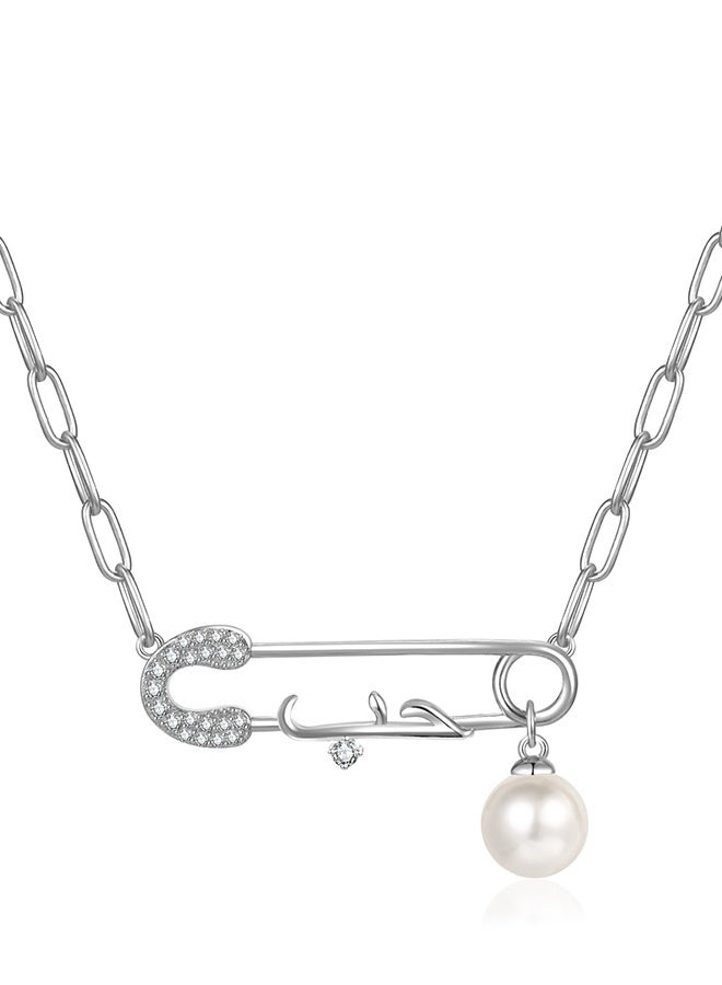 Moonmory Arabic Love Necklace 925 Sterling Silver Safe Pin Love Necklace With 50CM Adjustable Paper Clip Chain For Women  Platinum Plated Arabic Love Pearl Necklace White Clear Zircon Paperclip Chain Ramadan, Mother’s Day, Valentine’s Day,Brithday's Gift  - Image 1