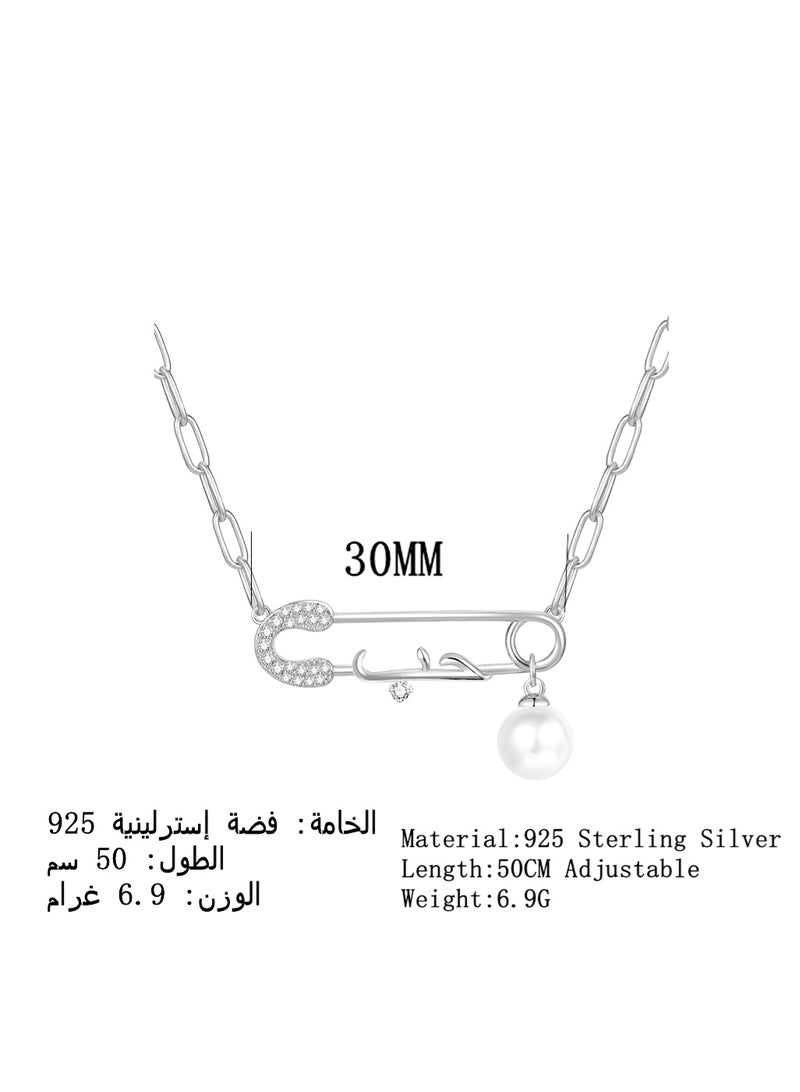 Moonmory Arabic Love Necklace 925 Sterling Silver Safe Pin Love Necklace With 50CM Adjustable Paper Clip Chain For Women  Platinum Plated Arabic Love Pearl Necklace White Clear Zircon Paperclip Chain Ramadan, Mother’s Day, Valentine’s Day,Brithday's Gift  - Image 2