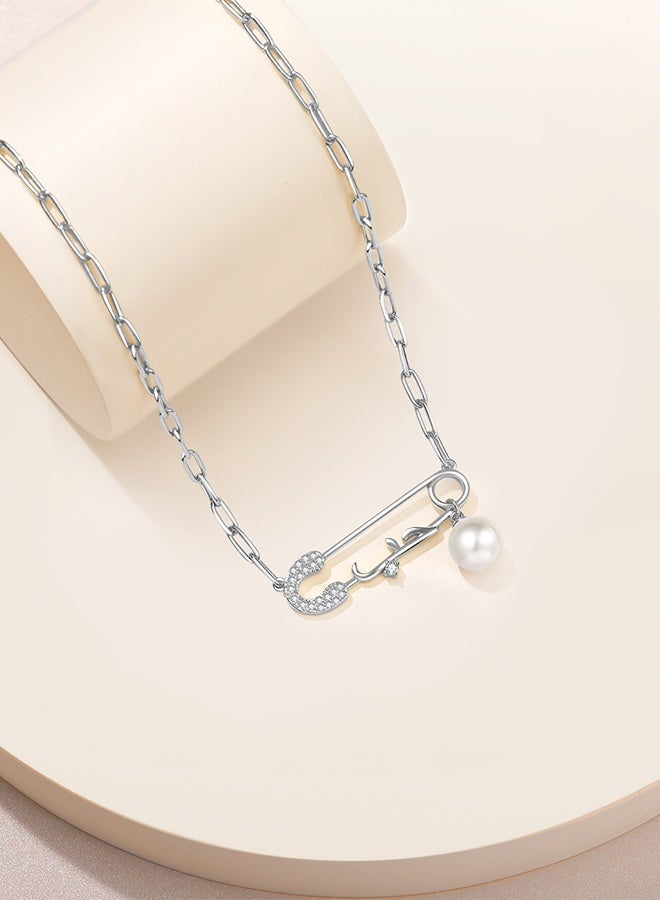 Moonmory Arabic Love Necklace 925 Sterling Silver Safe Pin Love Necklace With 50CM Adjustable Paper Clip Chain For Women  Platinum Plated Arabic Love Pearl Necklace White Clear Zircon Paperclip Chain Ramadan, Mother’s Day, Valentine’s Day,Brithday's Gift  - Image 3