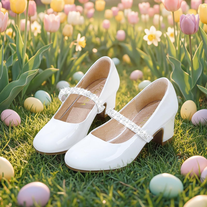 LAURMOSA White Dress Shoes Kids Girl Wedding Flower Bridesmaids Heel Easter Church Flower Girl Heels for Party Formal Girls Baptism Flats First Communion Shoes Size 4 Big Girls(L1039PaWhite 4) - Image 4