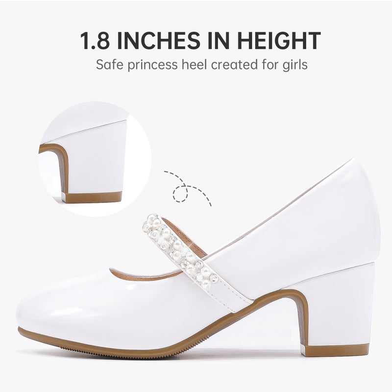LAURMOSA White Dress Shoes Kids Girl Wedding Flower Bridesmaids Heel Easter Church Flower Girl Heels for Party Formal Girls Baptism Flats First Communion Shoes Size 4 Big Girls(L1039PaWhite 4) - Image 5