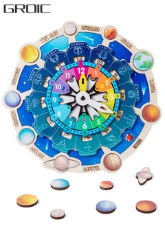 GROIC Wooden Clock Toys - Montessori Jigsaw Puzzles Educational Toys Galaxy Learning Toys, Learning Clock Toys for Kids About Months, Time Telling, Constellation Cognition, Planet Graphic Pairing  - Image 1