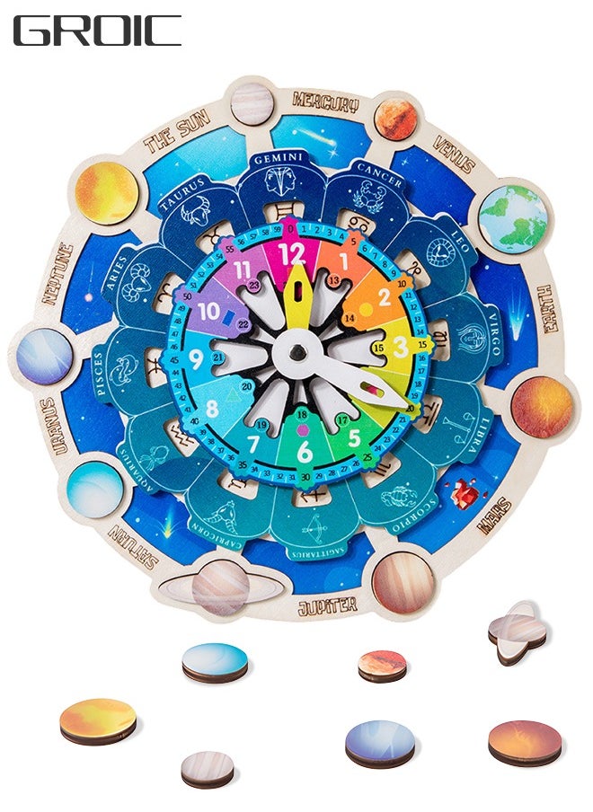 GROIC Wooden Clock Toys - Montessori Jigsaw Puzzles Educational Toys Galaxy Learning Toys, Learning Clock Toys for Kids About Months, Time Telling, Constellation Cognition, Planet Graphic Pairing  - Image 1