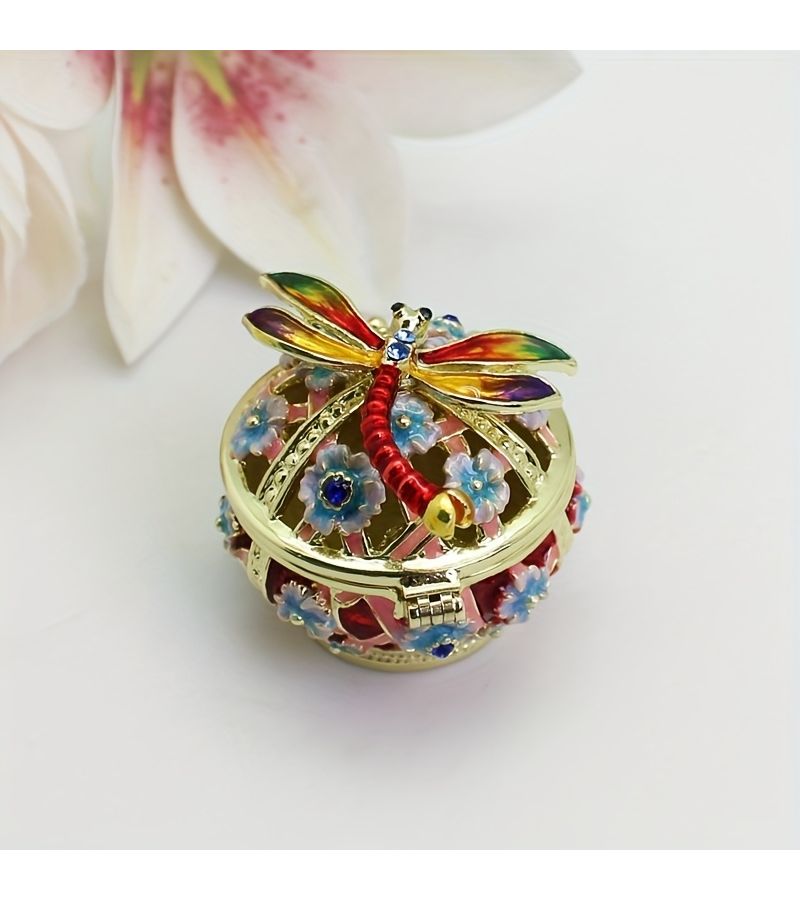 Red Enamel Mini Dragonfly Decorative Box With Hollow Ring Storage - Image 2