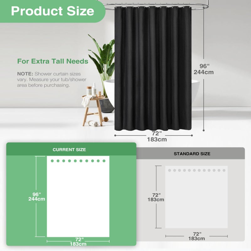 Dynamene Extra Long Shower Curtain,96 Inch Long Waffle Weave Heavy Duty Thick Cloth Bathroom Shower Curtain, Neutral Weighted Hotel Bath Curtain Set with 12 Plastic Hooks,72x96,Black - Image 3