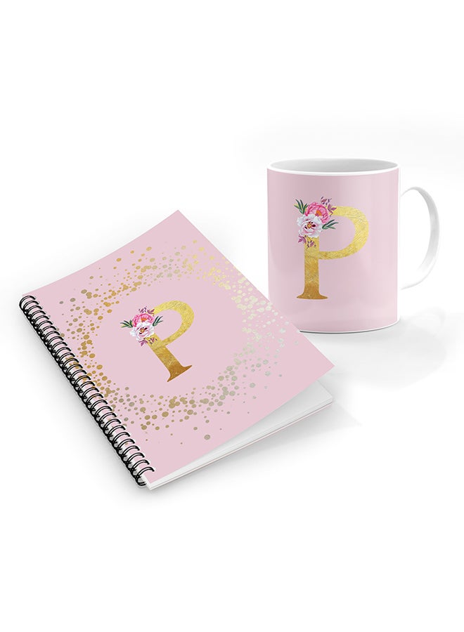 Stylizedd Printed Coffee Mug + A5 Spiral Notebook Memo Personalised Combo Gift Set Custom Monogram Initial Letter Floral Pattern Alphabet - P  (Pink )