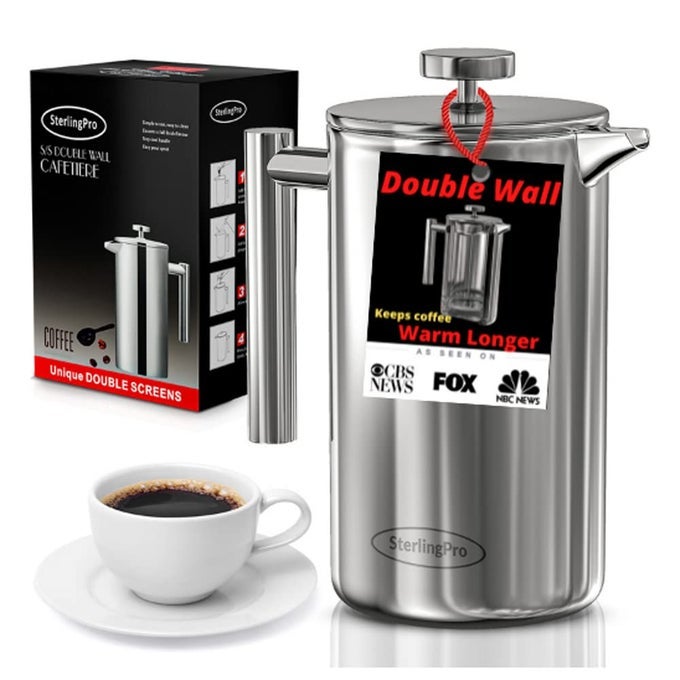FRENCH PRESS COFFEE MAKER175LDOUBLE WALLED LARGE COFFEE PRESS WITH 2 FREE FILTERSENJOY GRANULEFREE COFFEE STYLISH RUST FREE KITCHEN ACCESSORYSTAINLESS STEEL MIRROR FINISH 1L
