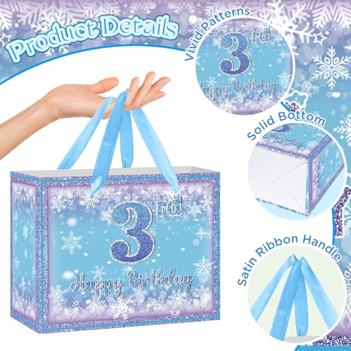 Peconal Frozen 3rd Birthday Gift Bag for Girls, Large Purple Blue Snowflake Third Birthday Bags with Tissue Paper and Greeting Card Snow Frozen 3 Years Old Party Favor Bags for Girls 3rd Bday Christmas Gift - Image 3