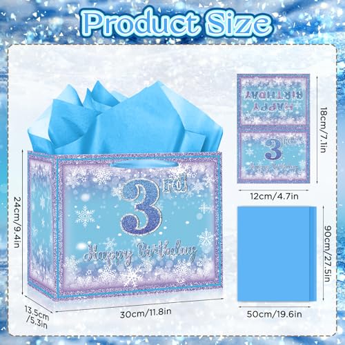 Peconal Frozen 3rd Birthday Gift Bag for Girls, Large Purple Blue Snowflake Third Birthday Bags with Tissue Paper and Greeting Card Snow Frozen 3 Years Old Party Favor Bags for Girls 3rd Bday Christmas Gift - Image 2