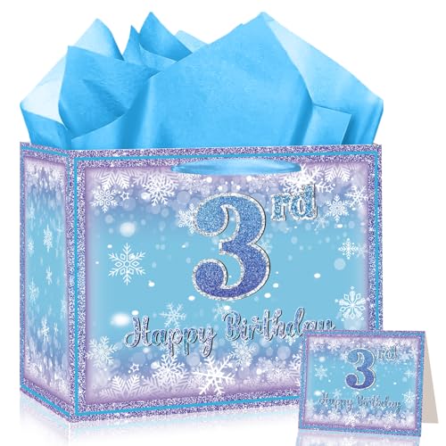 Peconal Frozen 3rd Birthday Gift Bag for Girls, Large Purple Blue Snowflake Third Birthday Bags with Tissue Paper and Greeting Card Snow Frozen 3 Years Old Party Favor Bags for Girls 3rd Bday Christmas Gift - Image 1