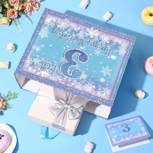 Peconal Frozen 3rd Birthday Gift Bag for Girls, Large Purple Blue Snowflake Third Birthday Bags with Tissue Paper and Greeting Card Snow Frozen 3 Years Old Party Favor Bags for Girls 3rd Bday Christmas Gift - Image 4