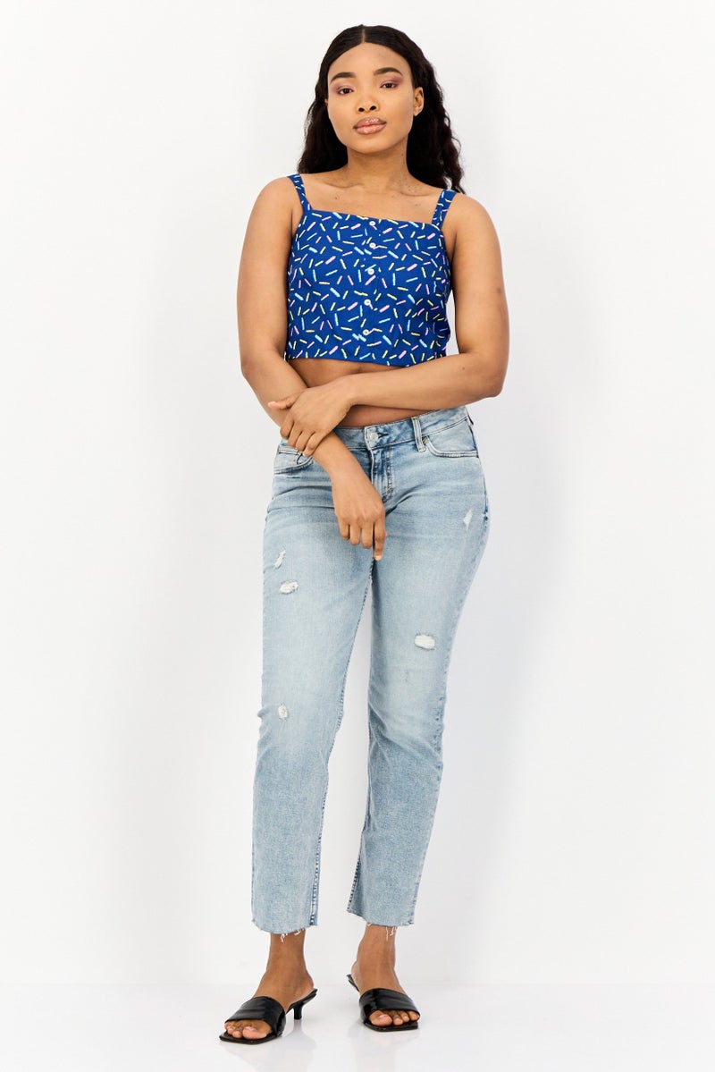 ONLY Women Square Neck Sleeveless Allover Print Tank Top, Blue - Image 4