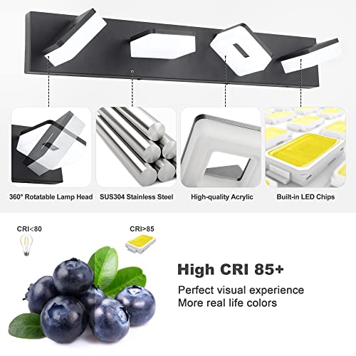 GOODATE 3 Colors Dimmable Black Vanity Lights for Bathroom, LED 4 Light Vanity Lighting Fixtures, Acrylic Stainless Steel Bathroom Light Fixtures over Mirror, Adjustable 3000K/4000K/6000K, 360° Rotate - Image 4