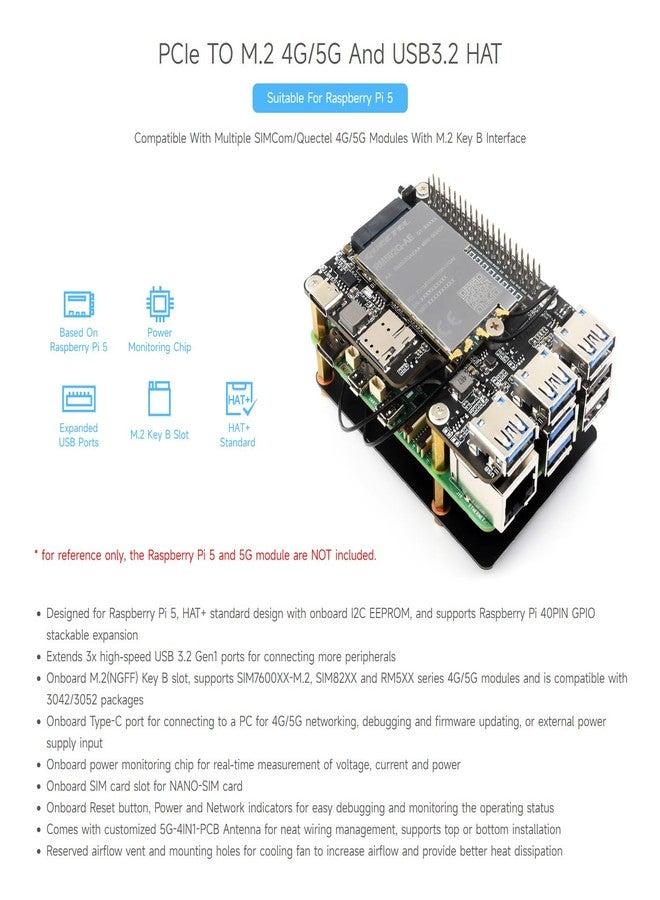 Waveshare PCIe to M.2 4G/5G and USB 3.2 HAT, Compatible with Raspberry Pi 5, Compatible with SIMCom/Quectel 4G/5G Modules, Comes with 5G-4IN1-PCB Antenna, High-Speed Networking - Image 3