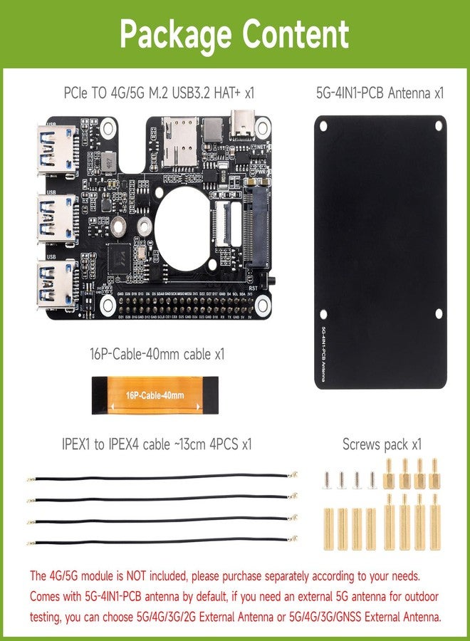Waveshare PCIe to M.2 4G/5G and USB 3.2 HAT, Compatible with Raspberry Pi 5, Compatible with SIMCom/Quectel 4G/5G Modules, Comes with 5G-4IN1-PCB Antenna, High-Speed Networking - Image 2