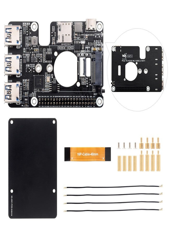 Waveshare PCIe to M.2 4G/5G and USB 3.2 HAT, Compatible with Raspberry Pi 5, Compatible with SIMCom/Quectel 4G/5G Modules, Comes with 5G-4IN1-PCB Antenna, High-Speed Networking - Image 1