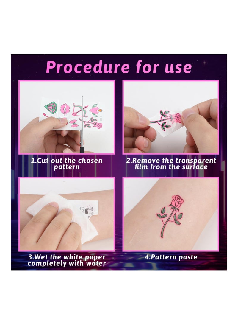 Couple Temporary Tattoos Glow in Dark, Pink Heart Shaped Love Glow In The Dark Tattoos Stickers, 10 Sheet Waterproof UV Blacklight Love Neon Fake Rave Tattoos for Women Men Girls Body Face Art