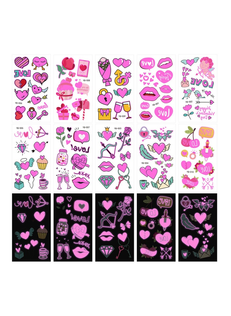 Couple Temporary Tattoos Glow in Dark, Pink Heart Shaped Love Glow In The Dark Tattoos Stickers, 10 Sheet Waterproof UV Blacklight Love Neon Fake Rave Tattoos for Women Men Girls Body Face Art