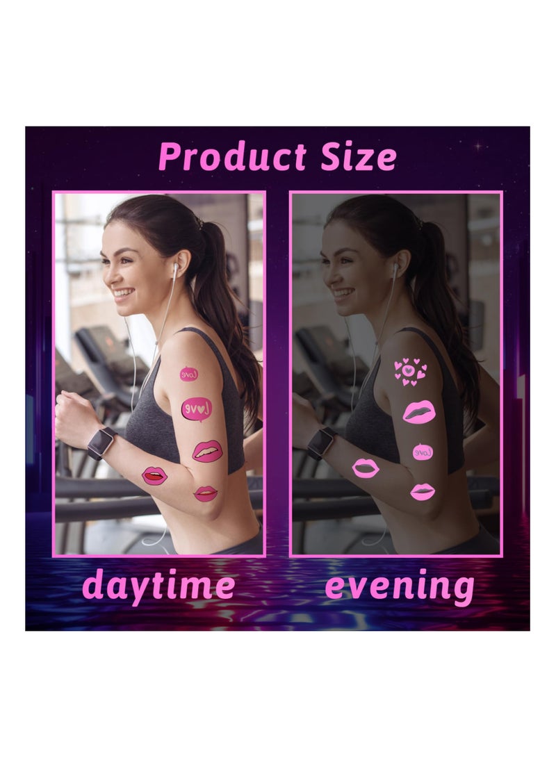 Couple Temporary Tattoos Glow in Dark, Pink Heart Shaped Love Glow In The Dark Tattoos Stickers, 10 Sheet Waterproof UV Blacklight Love Neon Fake Rave Tattoos for Women Men Girls Body Face Art