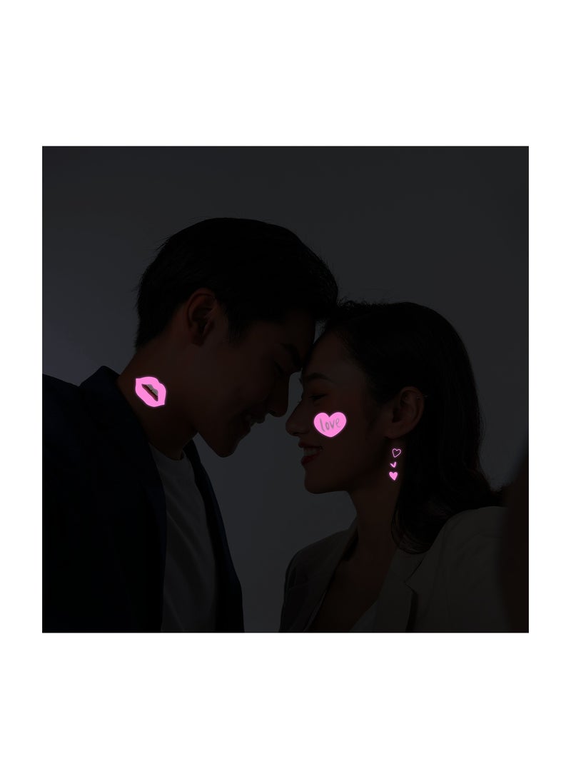 Couple Temporary Tattoos Glow in Dark, Pink Heart Shaped Love Glow In The Dark Tattoos Stickers, 10 Sheet Waterproof UV Blacklight Love Neon Fake Rave Tattoos for Women Men Girls Body Face Art