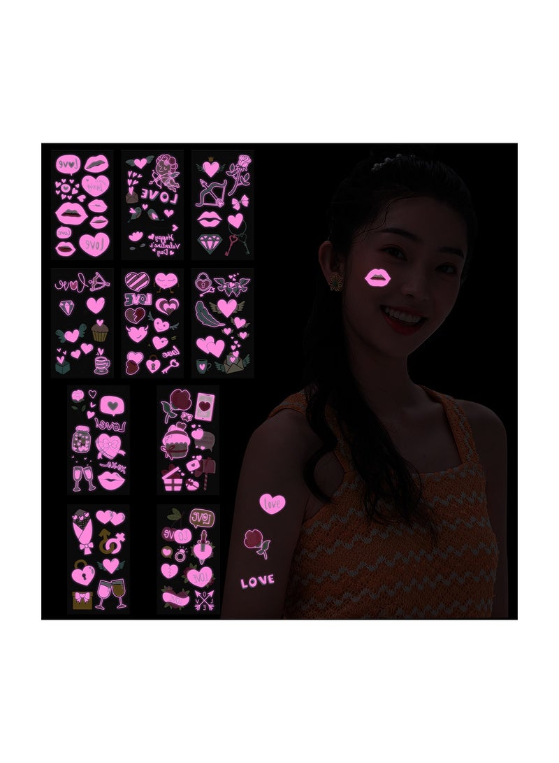 Couple Temporary Tattoos Glow in Dark, Pink Heart Shaped Love Glow In The Dark Tattoos Stickers, 10 Sheet Waterproof UV Blacklight Love Neon Fake Rave Tattoos for Women Men Girls Body Face Art