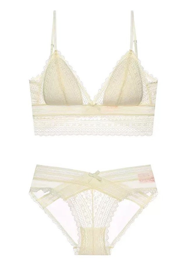 Comfy Solid Color Thin Cup Lace No Steel Ring Bras Panty Set Beige Size L 