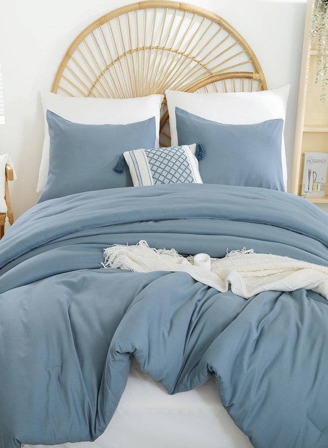 weigelia Dusty Blue Comforter Queen Size 3PCS Bed Comforter with 2 Pillowcases - Ligtweight Soft Solid Blue All Season Queen Comforter Bed Set - Boho Aesthetic Bedding Set for Men and Women - Image 4
