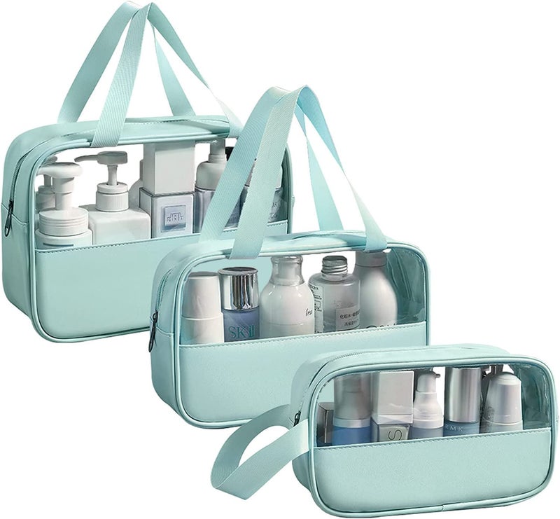 Flywind 3 Pcs Clear Cosmetics Bag Waterproof Travel Patchwork Makeup Bag Toiletries Bag with Carrying Handle Organize Cosmetics and Toiletries Blue - Image 1