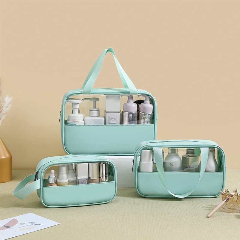 Flywind 3 Pcs Clear Cosmetics Bag Waterproof Travel Patchwork Makeup Bag Toiletries Bag with Carrying Handle Organize Cosmetics and Toiletries Blue - Image 3