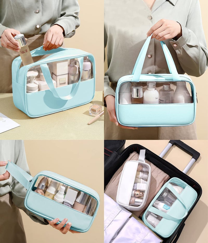 Flywind 3 Pcs Clear Cosmetics Bag Waterproof Travel Patchwork Makeup Bag Toiletries Bag with Carrying Handle Organize Cosmetics and Toiletries Blue - Image 5