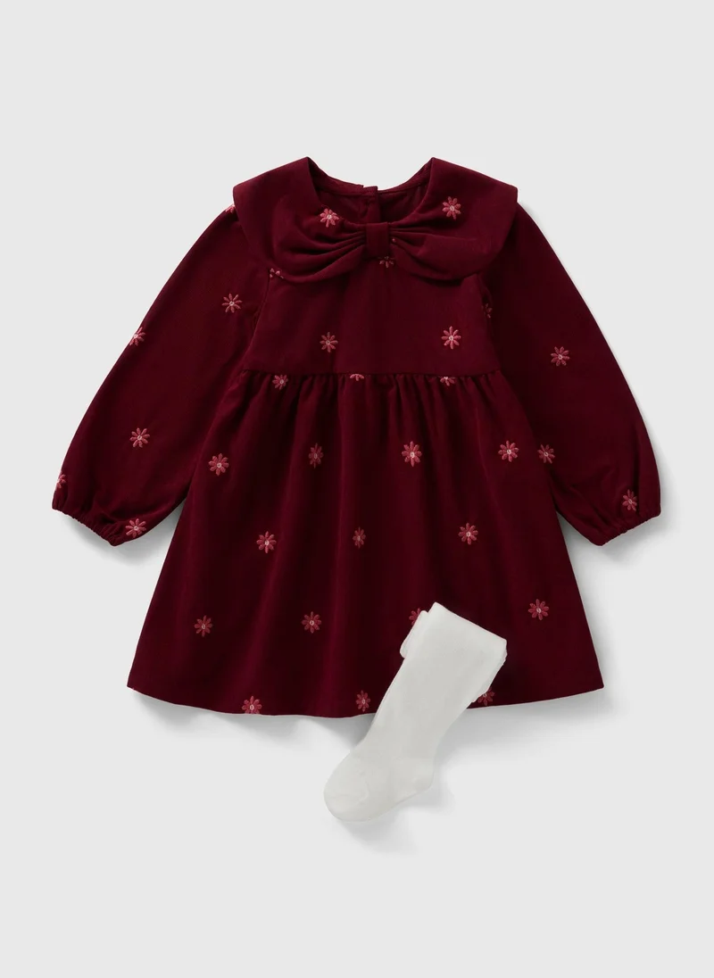 Matalan Girls Burgundy Flower Embroidered Cord Dress & Tights Set