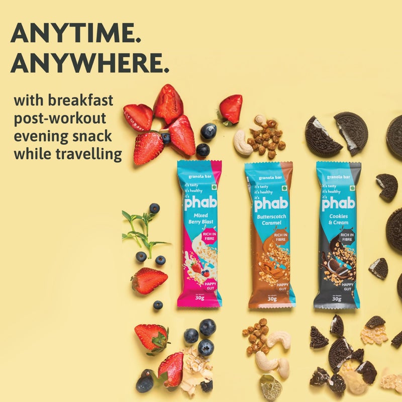 Phab Assorted Granola Snack Bars|Cookies & Cream, Berry, Butterscotch|Healthy Cereal & Breakfast Bar|High Fiber, Gut-Friendly|No Trans Fat|No Preservatives|Source Of Protein|Pack Of 6x 30 Gram) - Image 4